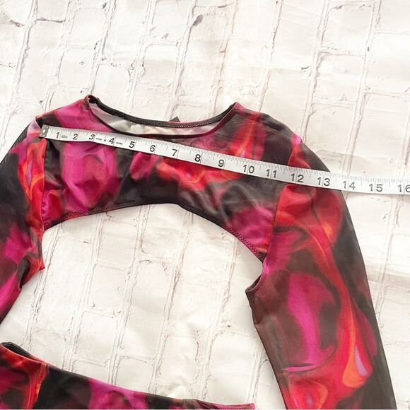 Sheer Mesh Floral 2 Piece Set | Red & Pink Y2K Clubwear Crop Top + Mini Skirt XS - Picture 5 of 16